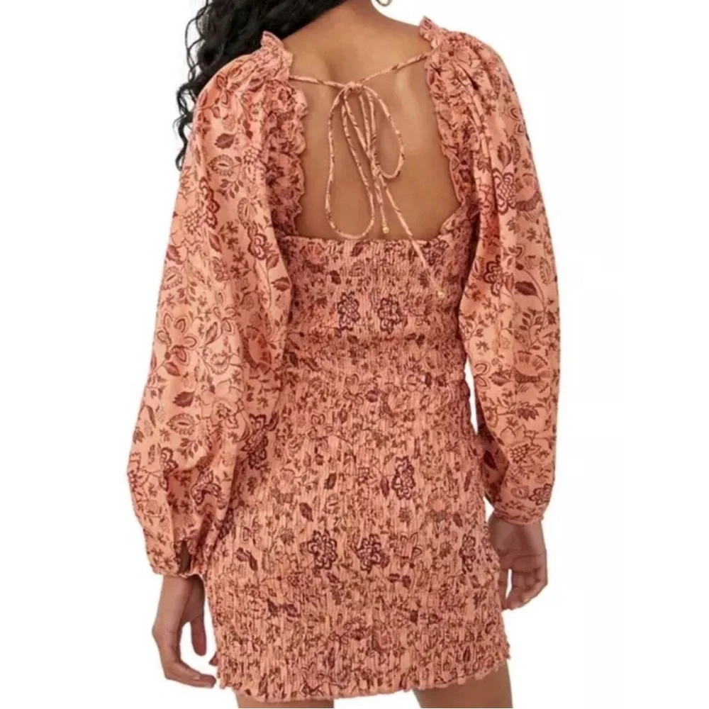 NWT Free People Smock It To Me Puff Sleeve Smocked Body Mini Dress Apricot Large - Picture 2 of 10